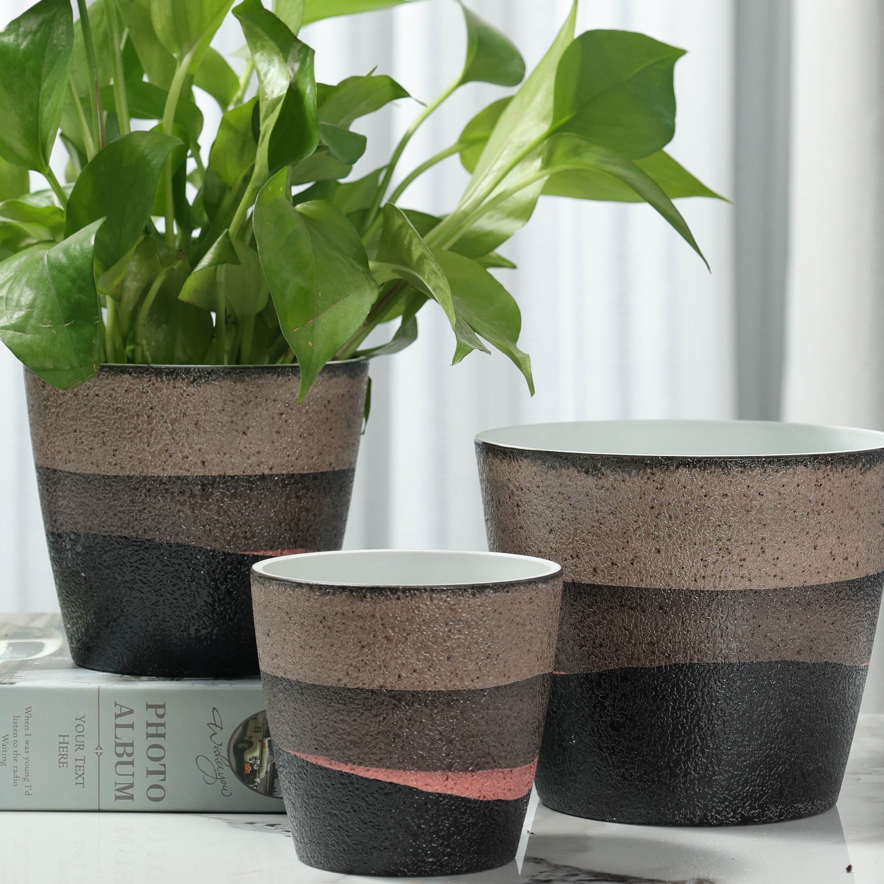 Decorative Vase – 3pcs Set PolyStone Modern Round Planters - Lightweight