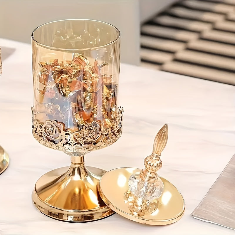 Easy-Access 2pcs Airtight Storage Jar Set – clear reusable pantry storage, 2pcs Vintage Elegant Glass Candy Dish with Lid Golden Crystal Jar for Candy Buffet, designed for American homes, daily convenience and practical gifting