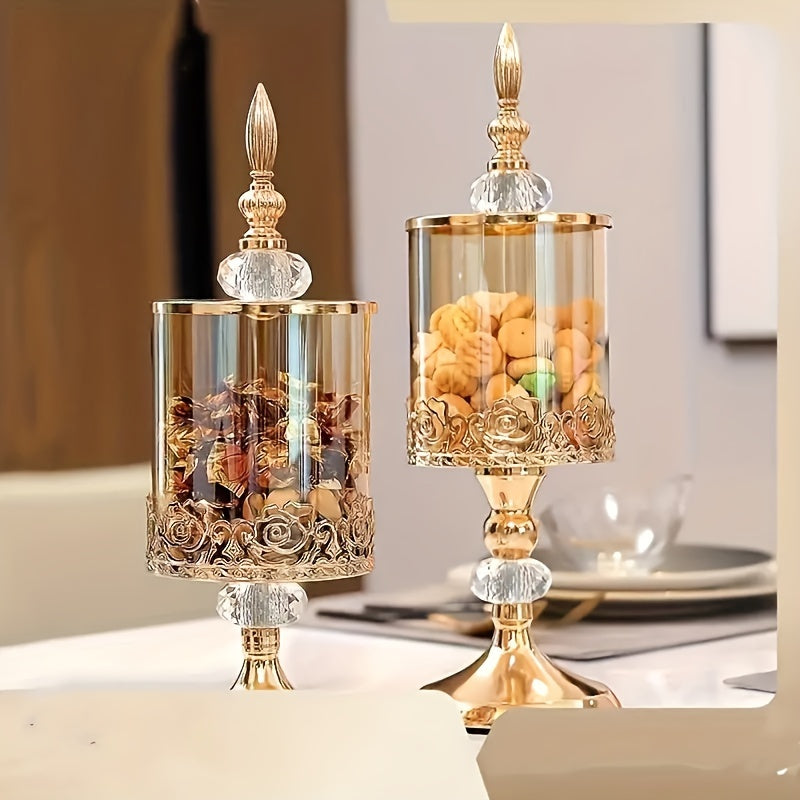 Easy-Access 2pcs Airtight Storage Jar Set – clear reusable pantry storage, 2pcs Vintage Elegant Glass Candy Dish with Lid Golden Crystal Jar for Candy Buffet, designed for American homes, daily convenience and practical gifting