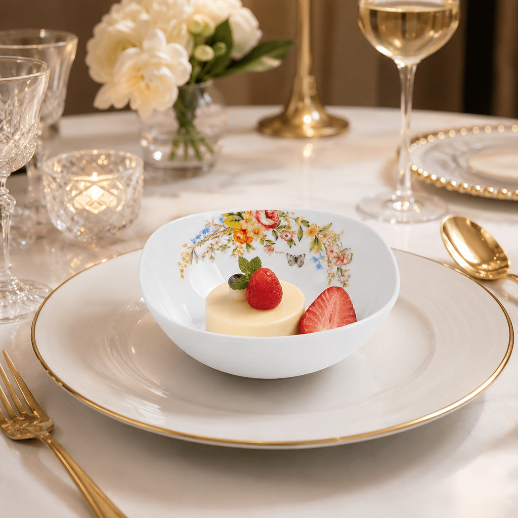 [4pcs Ceramic Bowl] 4pcs Modern Square 5Inch Ceramic Bowl Stylish Curved Edge Design Floral Pattern Soup Dessert Bowl Unique Shape Dinnerware Minimalist Nordic Style Salad Rice Serving Bowl Aesthetic Home Kitchen Tableware