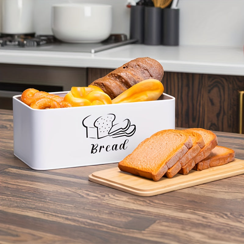 1pc modern design metal bread box white, breathable holes to keep bread soft, with natural bamboo cover cutting board, suitable for kitchen bread sorting, keeping bread fresh, hand washable and reusable square baking storage container, Kitchen