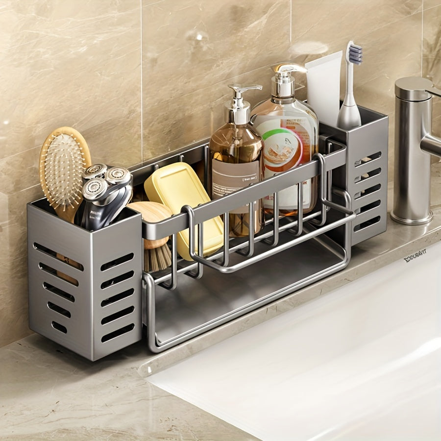 1pc Gray/Black Sink Caddy Sponge Holder for Kitchen Sink, Stainless Steel Rustproof, Bathroom Storage Basket, Kitchen Sink Caddy with Brush Holders, Chopstick Container, Kitchen Sink Organizer Dish Sponge Organizer with Dish Towel Rod