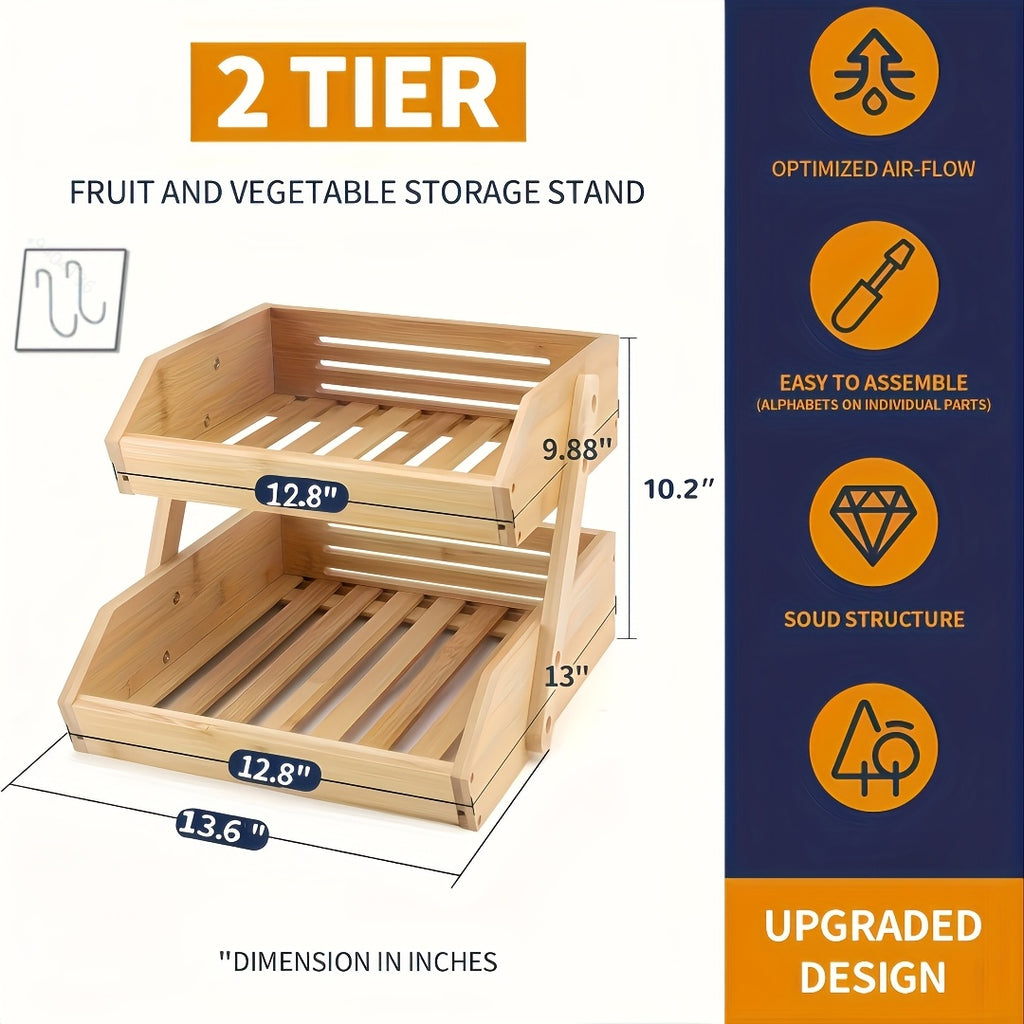 3/2-Tier Wooden Fruit Basket Stand - Large Capacity Kitchen Organizer with Open Slat Design for Vegetables, Bread & Produce | Multi-Level Countertop Storage Shelf - Easy Assembly & Natural Wood Finish
