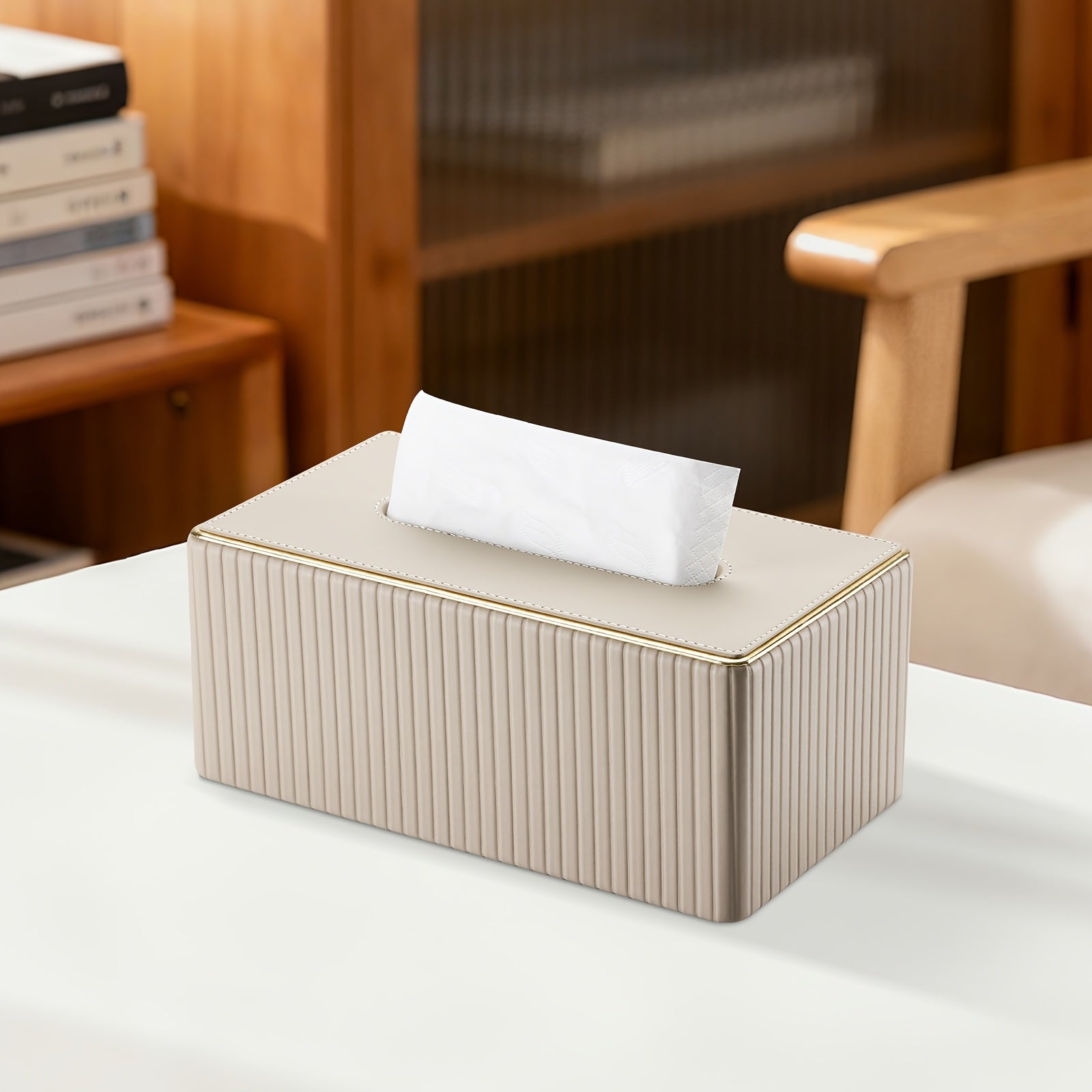 Smart Stackable Home Storage Bins – portable space-saving storage, Cream White Vertical Striped Faux Leather Tissue Box With Golden Trim Desktop Napkin Dispenser, designed for American homes, daily convenience and practical gifting