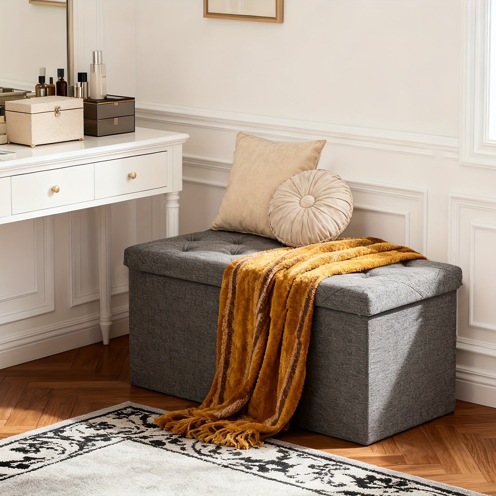 [Multi-Purpose Ottoman Bench] Heavy-Duty Multi-Purpose Folding Storage Ottoman Bench with Seat | Indoor/Outdoor, Space-Saving Design, Non-Porous Easy-Clean Surface - Perfect for Living Room, Bedroom, Patio, Garden Tool Storage - Gray Organizer Bench