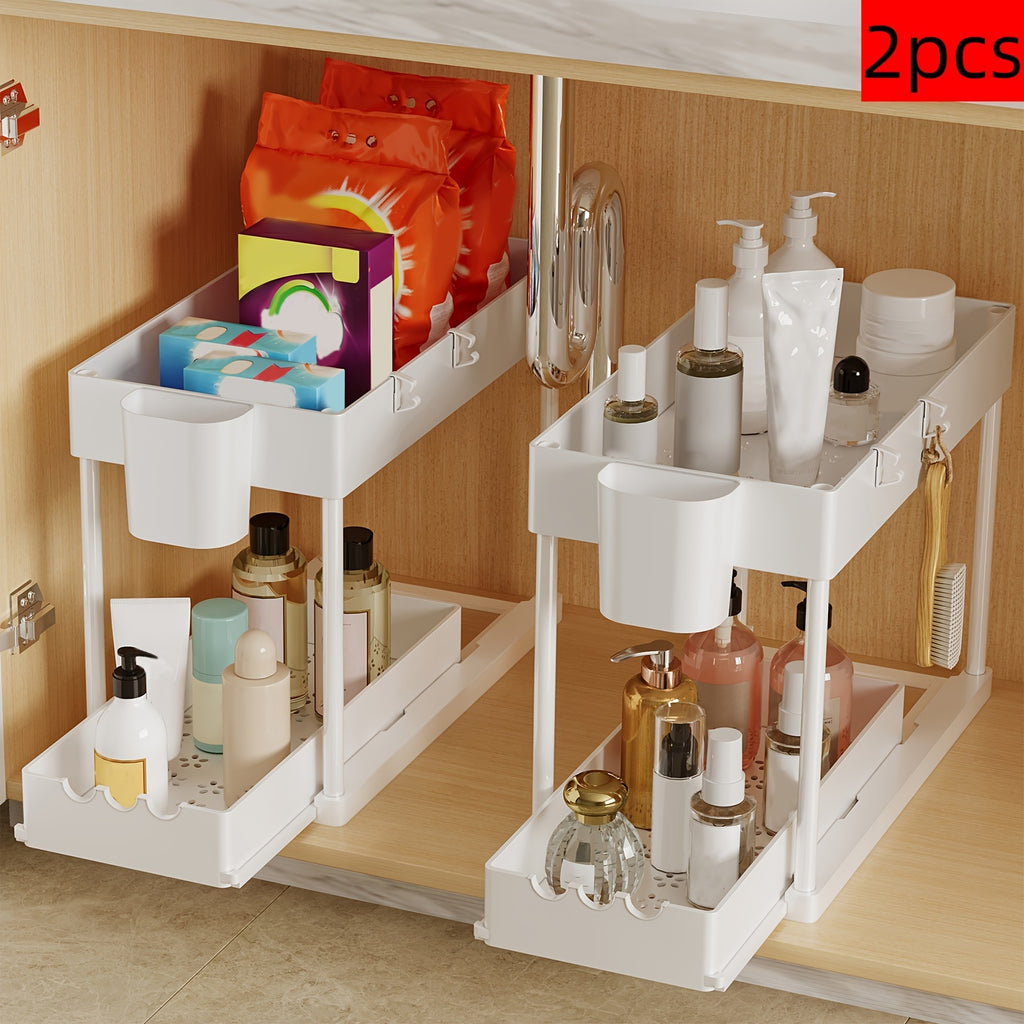 2pcs Pull Out Under Sink Organizers And Storage Rack for Kitchen & Bathroom, Plastic Layered Cabinet Organizer, Kitchen Organize
