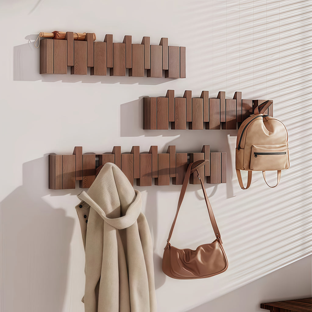 Versatile 1pc Adjustable Home Storage Rack – durable multi-purpose storage, 1pc Natural Wood Wall-Mounted Coat Rack with 10 Hooks - Piano-Shaped Accordion Design Walnut, designed for American homes, daily convenience and practical gifting