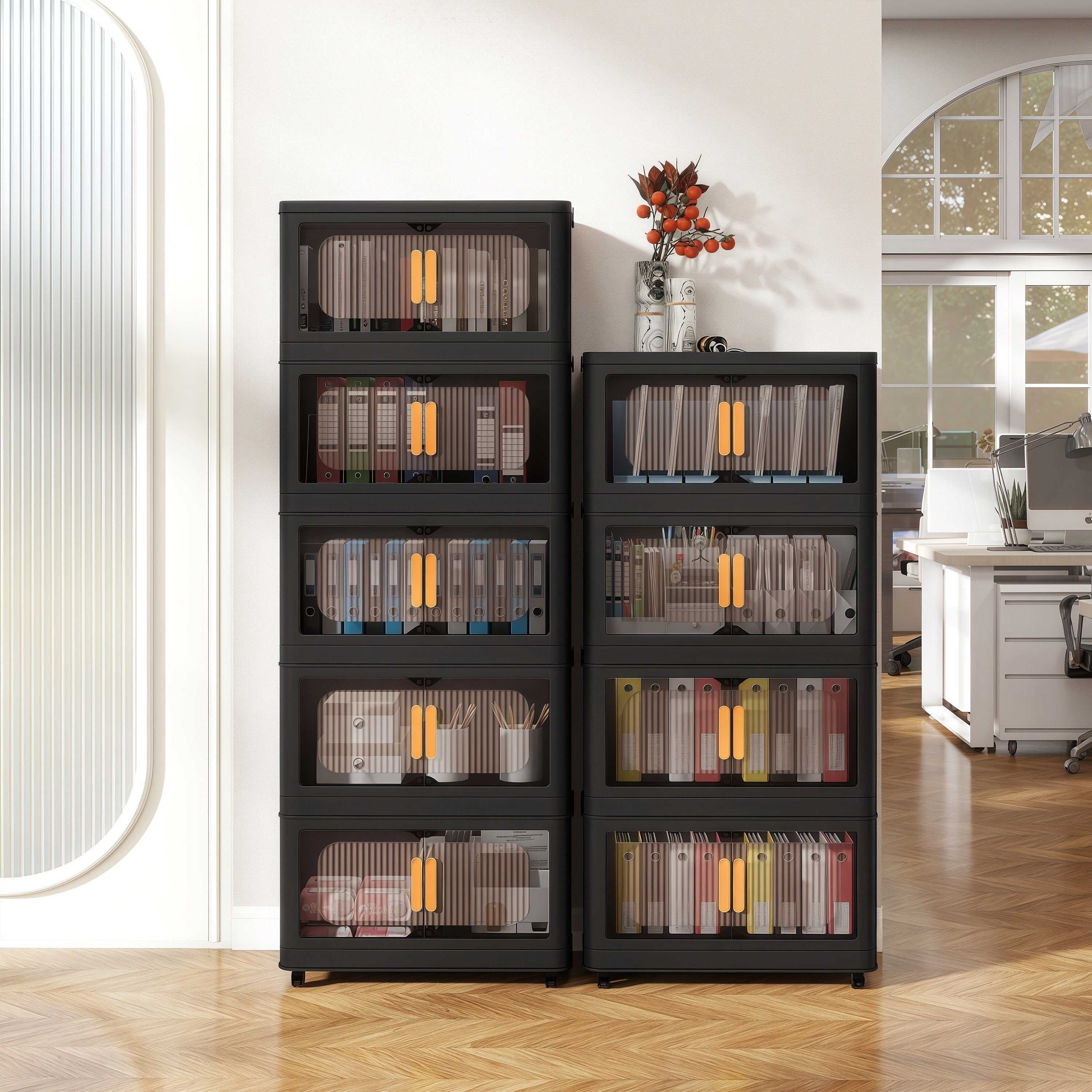 4/5 Tier Large Double Door Storage Locker & Bin, Collapsible Stackable Sturdy Space-Saving Plastic Organizer with 360° Rotatable Lockable Wheels - All-Purpose Organizer for Dorm, Office, Closet, Living Room, Gym, School, Garage, Bedroom, Basement