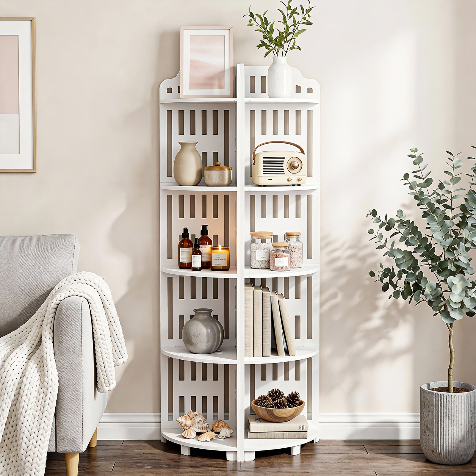 Kitchen Essential – 5-Tier Corner Storage Shelf, 43.31inch Tall Freestanding Organizer, Waterproof PVC Board Shelving Unit, Easy to Assemble, Holds Up to 30Lbs for Bathroom, Kitchen And Livi