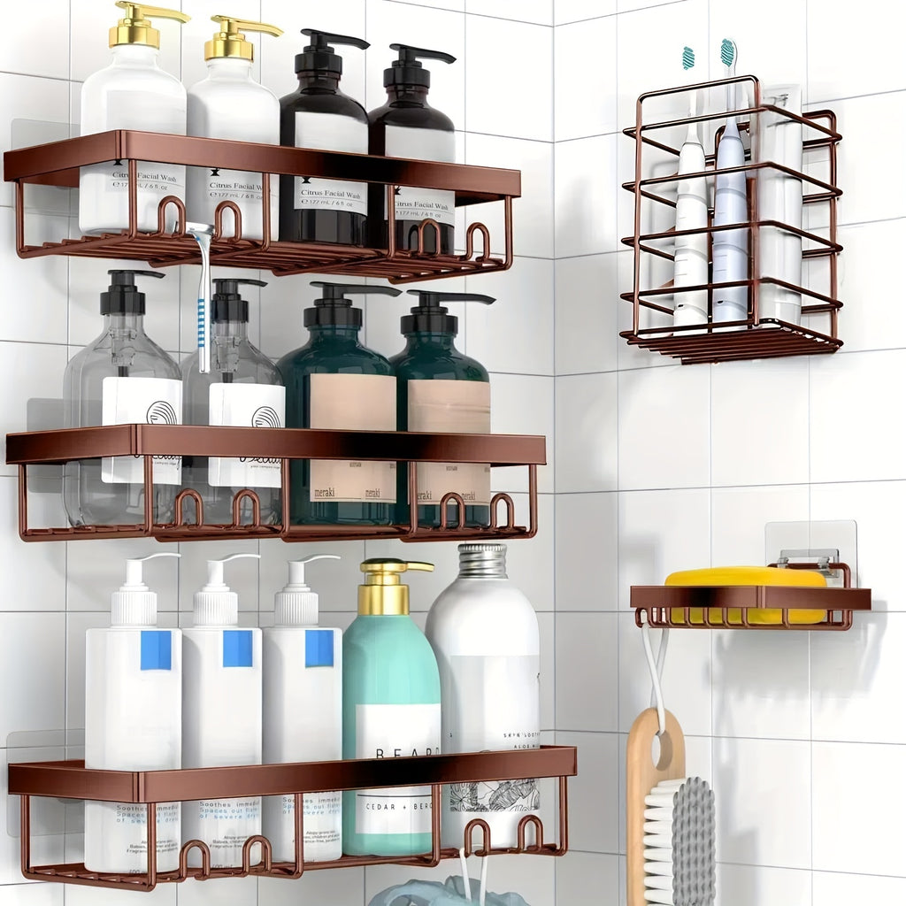 Bathroom Organizer – 5-Pack Adhesive Shower Caddy with Soap Holder - No Drill Rustproof Stainless Shower Shelves, Wall-Mounted Bathroom Organizer Suitable for Bathtub, Shower Enclosure - Spa