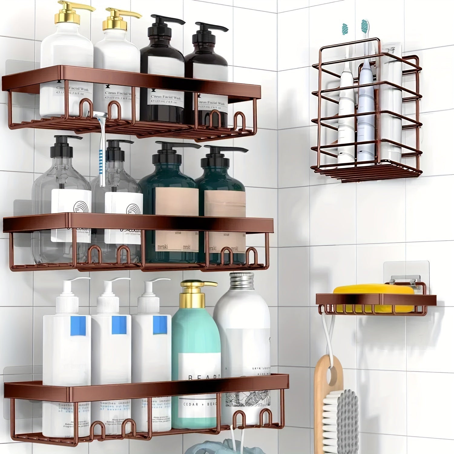 Bathroom Organizer – 5-Pack Adhesive Shower Caddy with Soap Holder - No Drill Rustproof Stainless Shower Shelves, Wall-Mounted Bathroom Organizer Suitable for Bathtub, Shower Enclosure - Spa