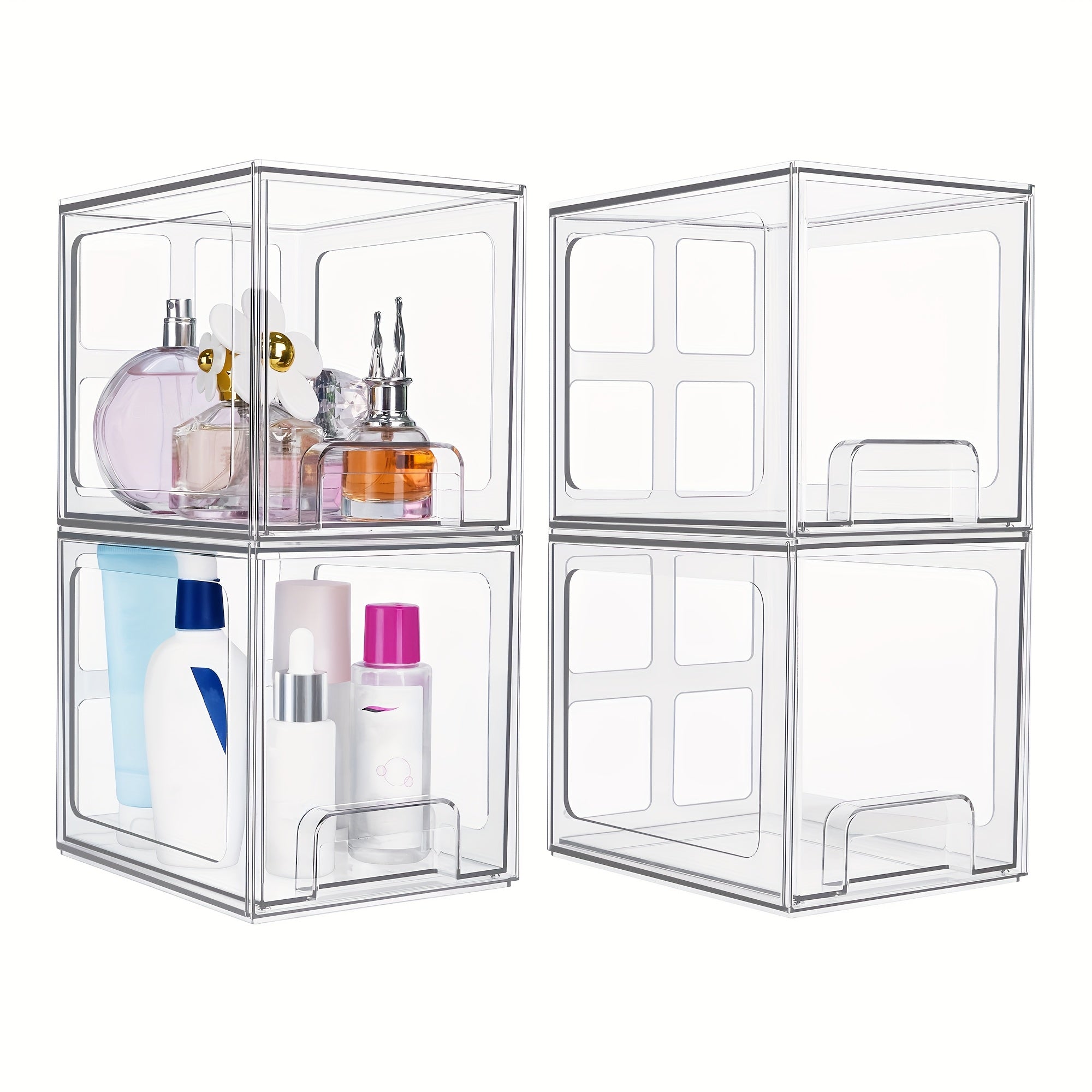 4 Pack Stackable Storage Drawers, 7.5"D X 6"W X 6.6"H Acrylic Bathroom Makeup Organizers, Clear Plastic Storage Bins for Vanity, Perfume Organizer