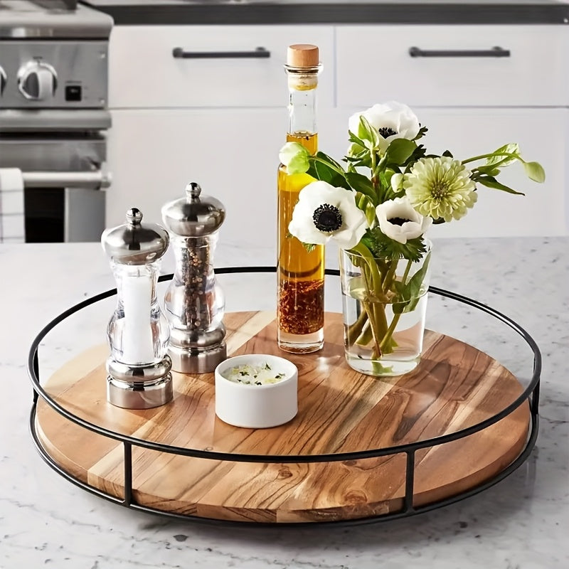 Heavy-Duty Adjustable Home Storage Rack – durable multi-purpose storage, Wooden Rotating Storage Rack with Steel Handrails Kitchen Spice Tray Susan Rotating Solid Wood, designed for American homes, daily convenience and practical gifting