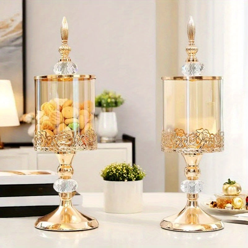 Easy-Access 2pcs Airtight Storage Jar Set – clear reusable pantry storage, 2pcs Vintage Elegant Glass Candy Dish with Lid Golden Crystal Jar for Candy Buffet, designed for American homes, daily convenience and practical gifting