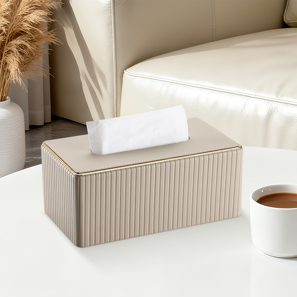 Smart Stackable Home Storage Bins – portable space-saving storage, Cream White Vertical Striped Faux Leather Tissue Box With Golden Trim Desktop Napkin Dispenser, designed for American homes, daily convenience and practical gifting