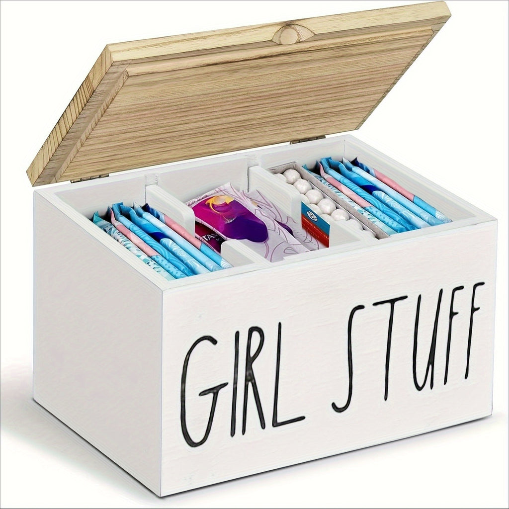 A Modern Style Wooden Bathroom Organizer with Lid for Items, Toiletries Organizer with Removable Dividers - Multi-Functional 3-Compartment Accessory Box for Items, Decorative Box
