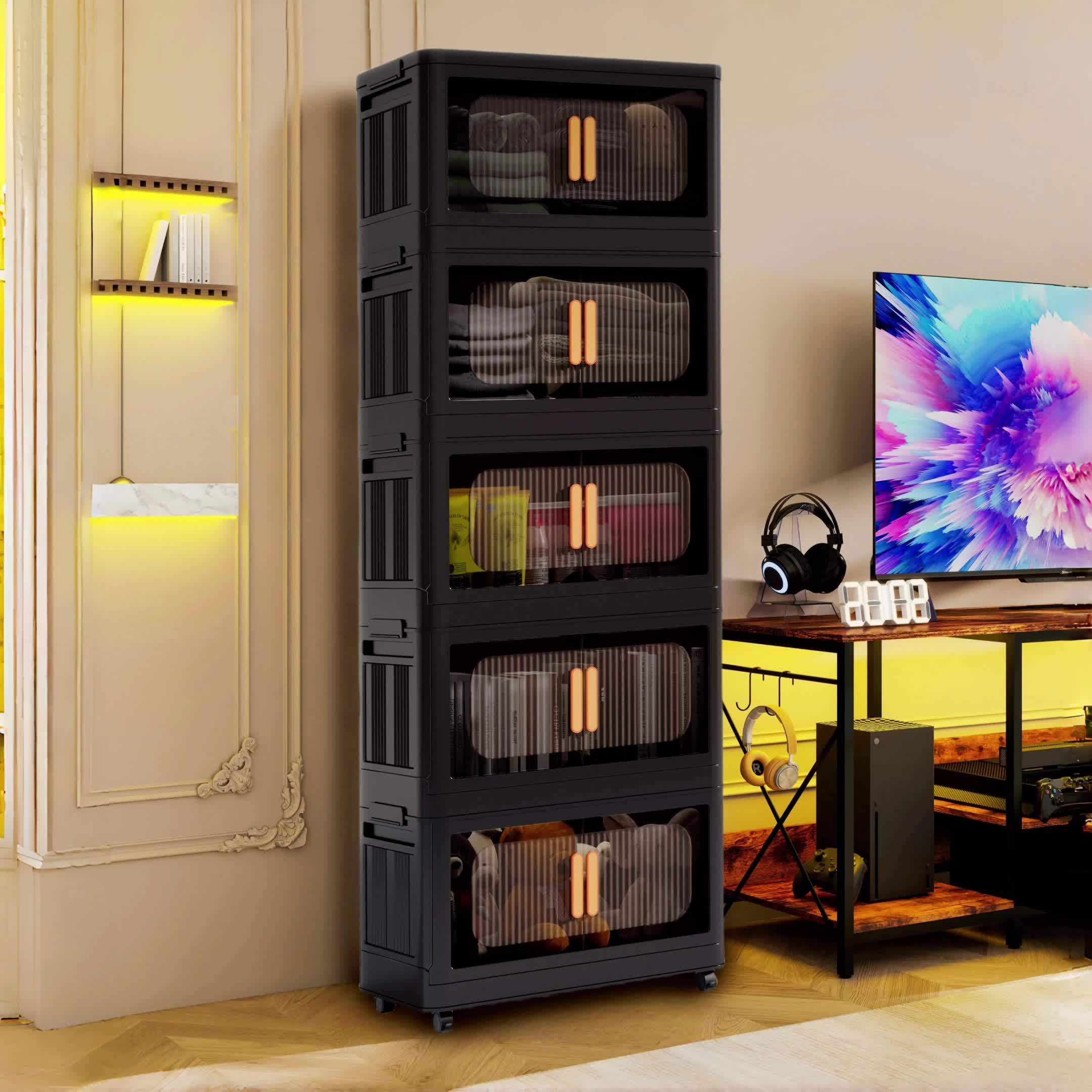 4/5 Tier Large Double Door Storage Locker & Bin, Collapsible Stackable Sturdy Space-Saving Plastic Organizer with 360° Rotatable Lockable Wheels - All-Purpose Organizer for Dorm, Office, Closet, Living Room, Gym, School, Garage, Bedroom, Basement