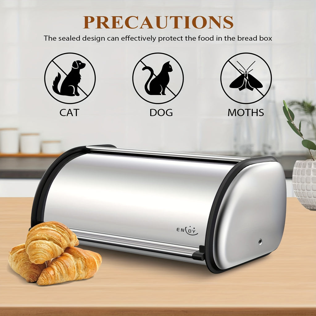 13 "Stainless Steel Roll Top Bread Box, Suitable for Countertop Bread Storage Containers with Stainless Steel Lid - Fresh And Insect Resistant, Can Hold Multiple Large Breads And Other Baked Goods Including Bagels Muffins, Fruit, Etc