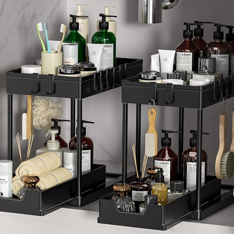 Space-Saving 2 Pack Stackable Home Storage Bins – portable space-saving storage, 2 Pack Under Sink Organizers and Storage 2-Tier Sliding Cabinet Basket Organizer with Hooks, designed for American homes, daily convenience and practical gifting