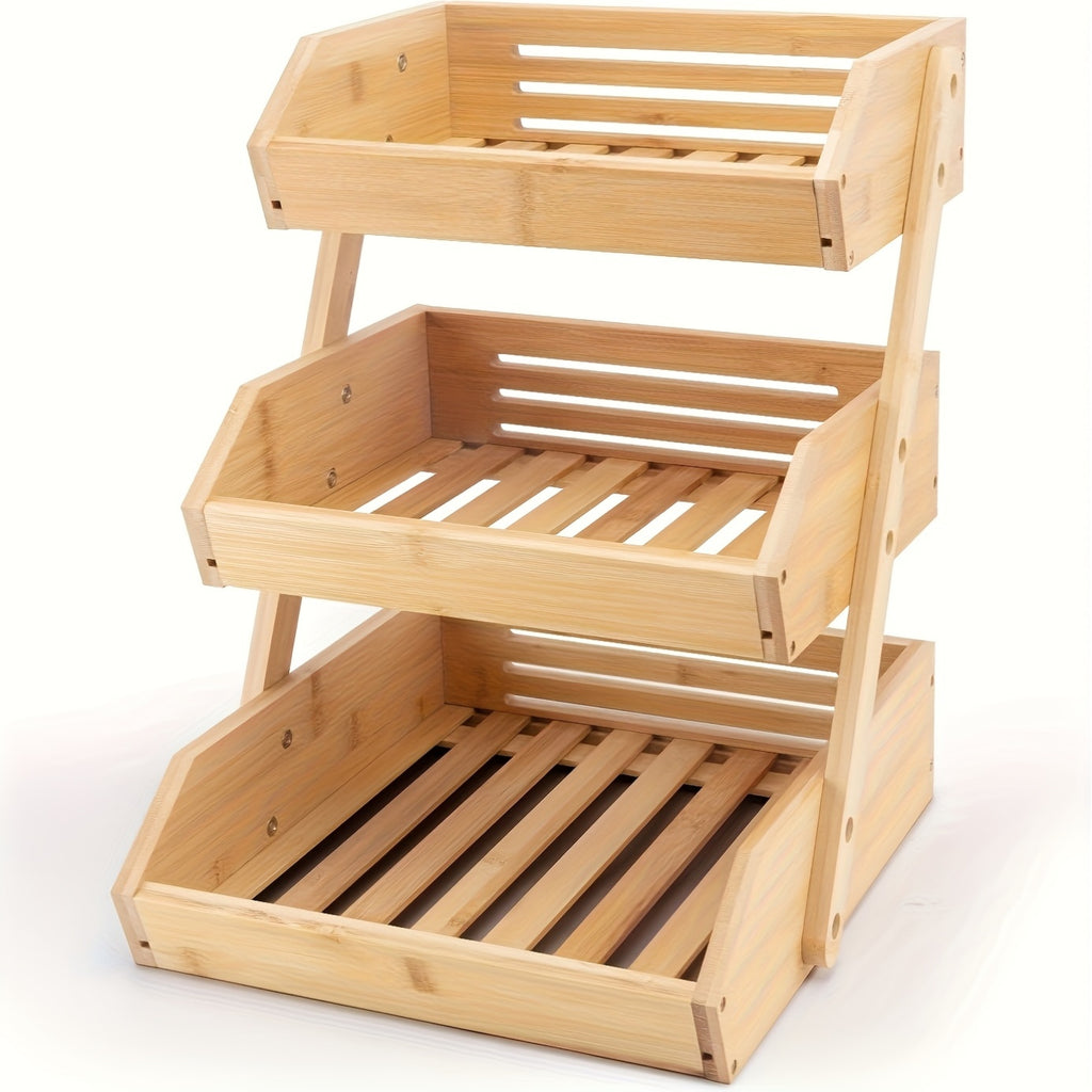 Stackable Bamboo Kitchen Organizer 2 Or 3 Tier Space-Saving Storage Rack for Fruits, Vegetables, Bread & Snacks Multi-Tier Bamboo Storage Basket Compact Stackable Display Tray for Kitchen, Pantry Holds Produce, Bakery & Snacks