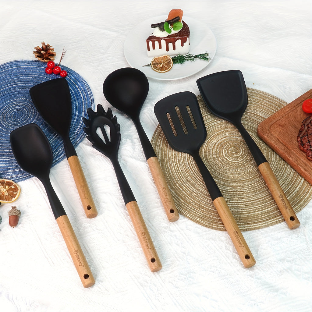 Kitchen Essential – Set of 6 Silicone Kitchen Tools with Wooden Handles, Heat-Resistant Spatula Set Suitable for Nonstick Cookware, Including Spatula, Turner, Spoon, And Ladle, Free from BPA