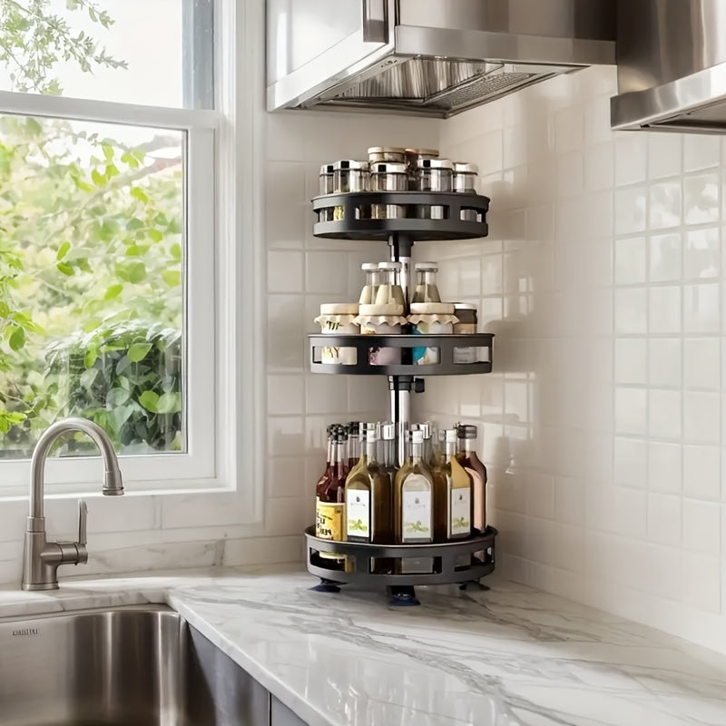 3-story Rotatable Kitchen Seasoning Rack, 360-degree Rotating Metal Turntable, Adjustable Shelves, Rotatable Spice And Seasoning Storage Rack, Kitchen Spice Jar Organizer, Kitchen Accessories