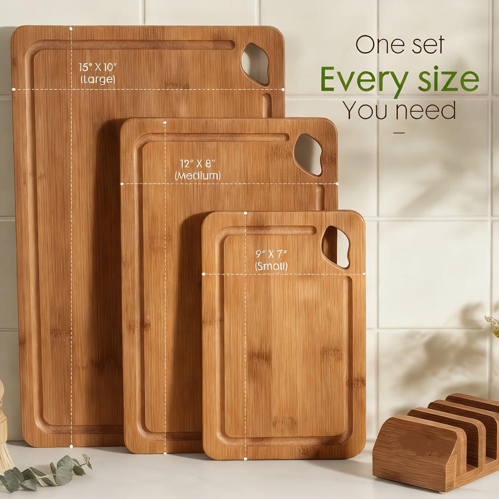 Deep Carbonized Bamboo Cutting Board Set with Wooden Rack - Double-Sided Suitable for Kitchen, Suitable for Cooked & Food, Oil Drainage Groove & System, Ergonomic Handle, Bamboo Board and Storage Shelf Gift for