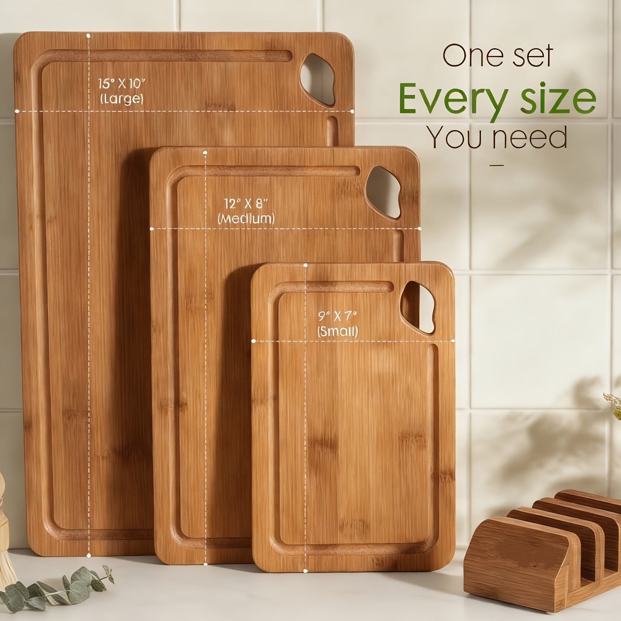 Deep Carbonized Bamboo Cutting Board Set with Wooden Rack - Double-Sided Suitable for Kitchen, Suitable for Cooked & Food, Oil Drainage Groove & System, Ergonomic Handle, Bamboo Board and Storage Shelf Gift for