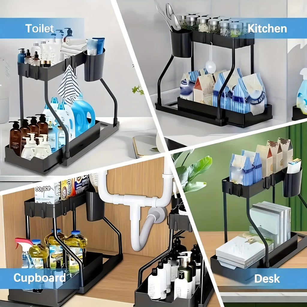 Kitchen Storage Organizer – 2pcs Under Sink Organizer with Sliding Shelves Multi-Purpose Black Plastic Storage Basket for Bathroom And Kitchen Cabinet Durable Construction Bathroom Organizer