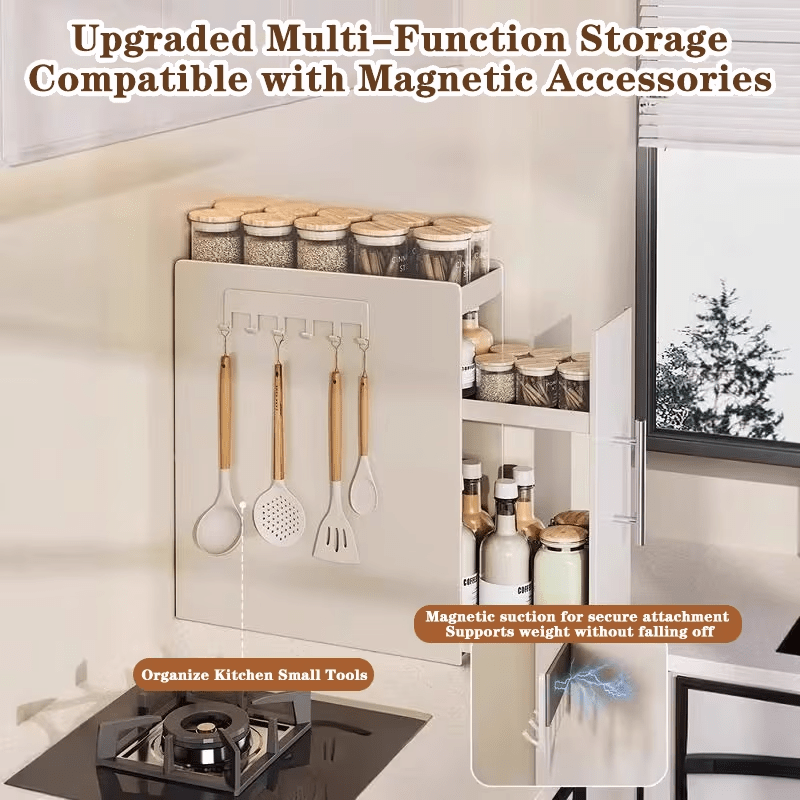 A Two-Tier Kitchen Storage Rack with Magnetic Hooks And a Cutting Board Holder, Ideal for Organizing Condiments, Tea Cups, Spices, Herbs, And Water Bottles. This Pull-Out Multipurpose Spice Box Is a Perfect Solution for Countertop Organization