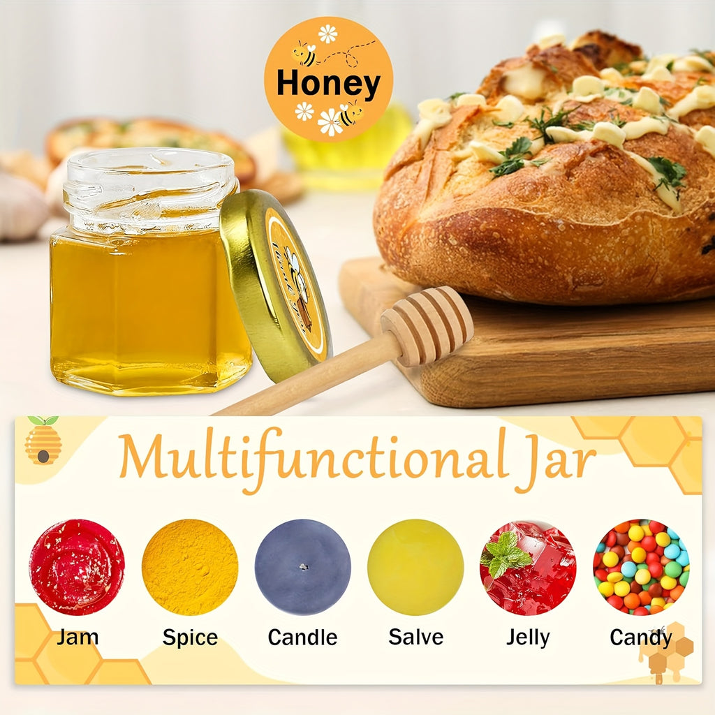 Space-Saving 5oz Airtight Storage Jar Set – clear reusable pantry storage, 1 5oz Mini Glass Hexagon Canning Jars with Golden Lid Bee Charms Honeybee Pendant, designed for American homes, daily convenience and practical gifting