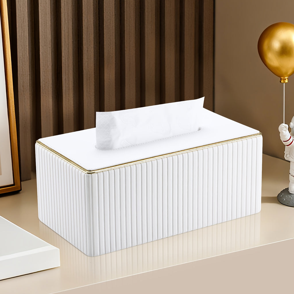 Smart Stackable Home Storage Bins – portable space-saving storage, Cream White Vertical Striped Faux Leather Tissue Box With Golden Trim Desktop Napkin Dispenser, designed for American homes, daily convenience and practical gifting