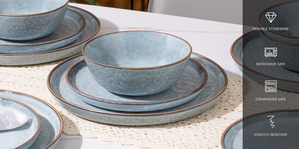 Heavy-Duty 12pcs Decorative Home Lighting – warm functional room lighting, ALOFMO 12pcs Light Grayish Blue Reactive Glaze Ceramic Dinnerware Set High-Quality Water Wave Stoneware, designed for American homes, daily convenience and practical gifting