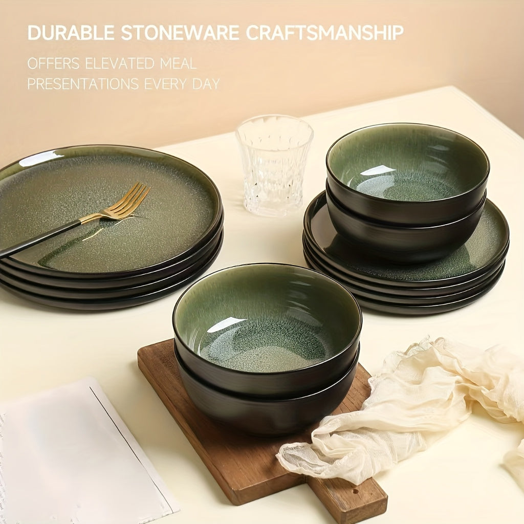 Premium 12pcs Home Storage Organizer – space-saving everyday organization, ALOFMO 12pcs Cyan-Gray Green Reactive Glaze Ceramic Dinnerware Set - Modern Stoneware Plates Bowls, designed for American homes, daily convenience and practical gifting