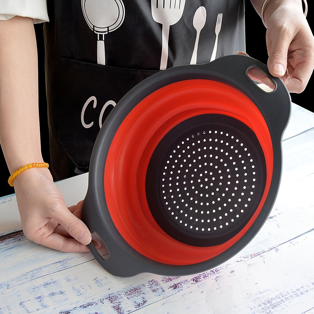 Collapsible Colander, 2pcs Set of Collapsible Strainers, Space-Saving Kitchen, Food-Grade Silicone Folding Strainer Colander with Handle, Red