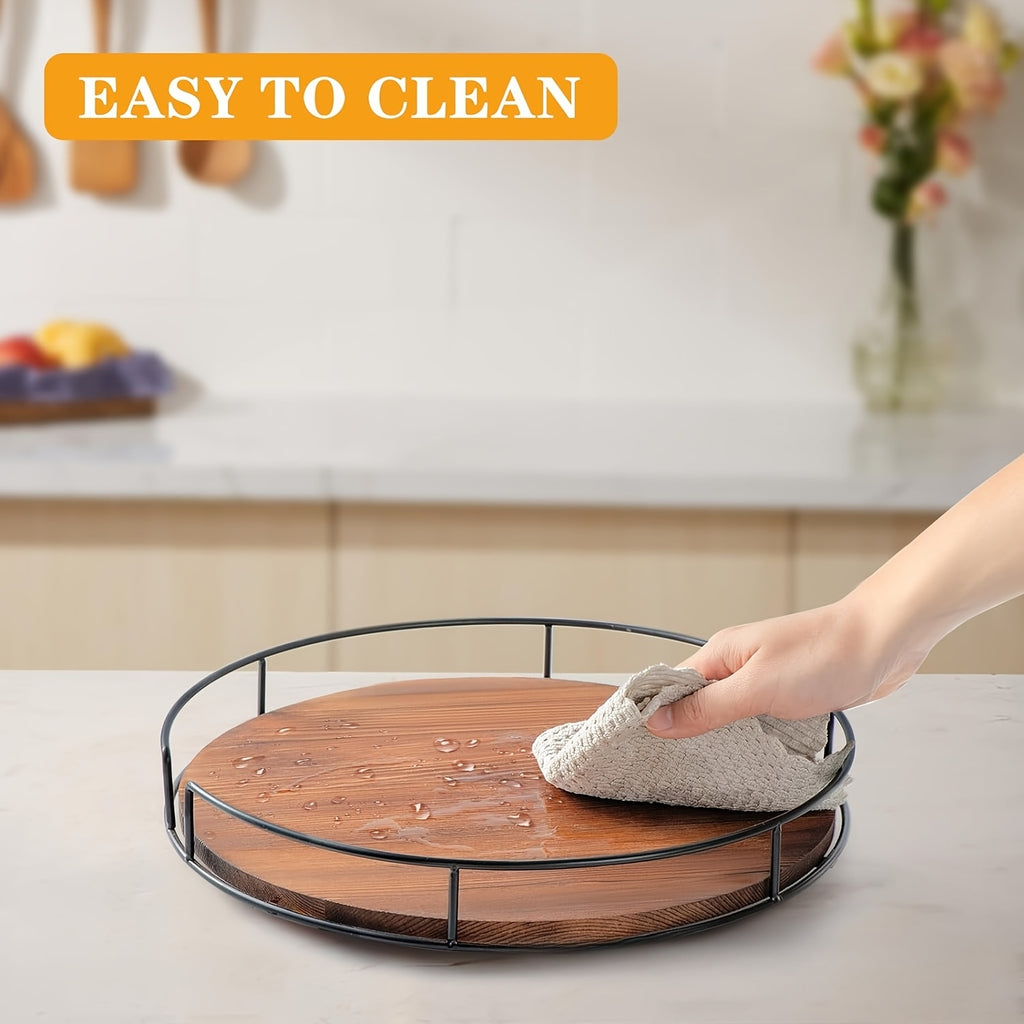 9 Inch Lazy Susan Turntable for Table, Kitchen Rustic Brown Turntable Organizer with Steel Frame, 360 Degree Decorative Lazy Susan for Countertop Cabinet Or Centerpieces