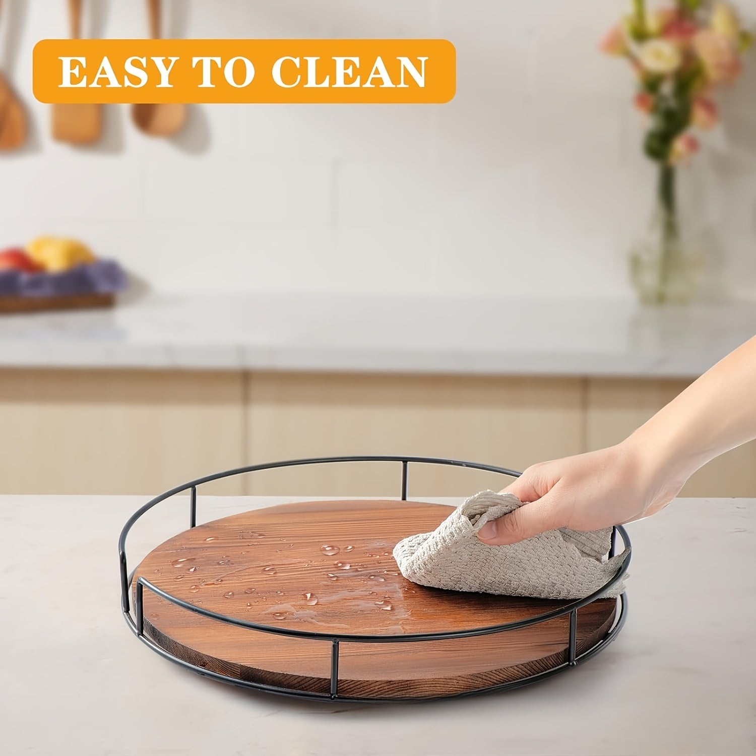 9 Inch Lazy Susan Turntable for Table, Kitchen Rustic Brown Turntable Organizer with Steel Frame, 360 Degree Decorative Lazy Susan for Countertop Cabinet Or Centerpieces