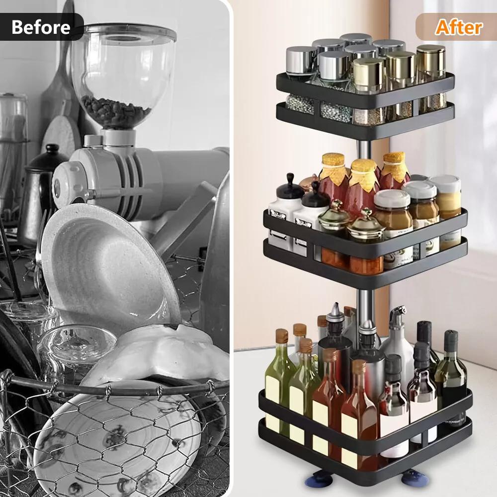 Kitchen Essential – Lazy Susan Organizer Spice Rack - 2 3 Tier Height Adjustable Spice Organization for Cabinet, Metal Seasoning Organizer Lazy Turntable Spice Organizer for Table Top Pantry