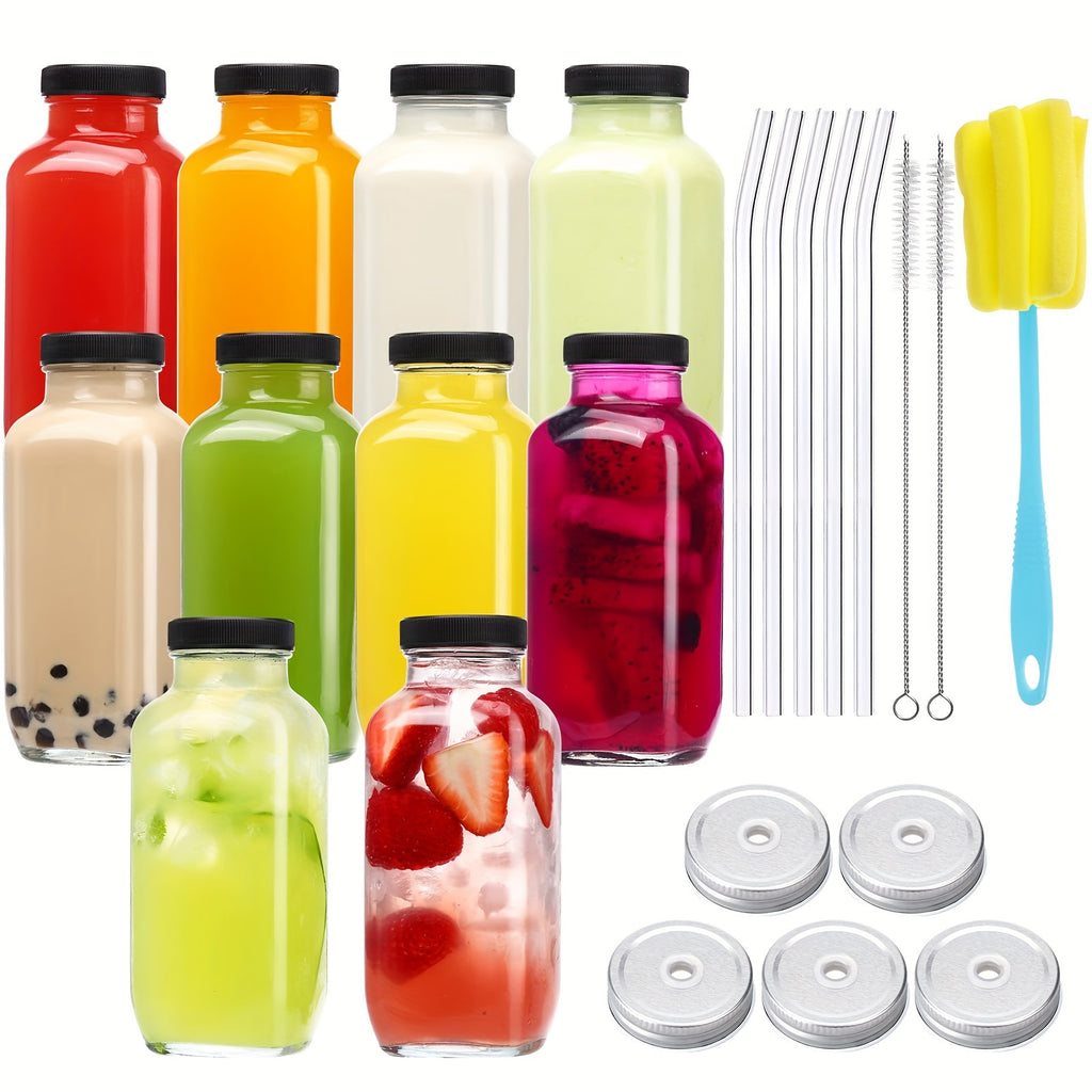 TOMNK 10 Pack 16Oz Glass Juice Bottles Featuring Lids, Reusable Containers for Juices, Drinking Jars, Water Cups Including a Brush, Glass Straws, Lids with Openings, Suitable for Halloween And Christmas, Ideal for Beverages, Juices, Squeezed Drinks