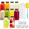 TOMNK 10 Pack 16Oz Glass Juice Bottles Featuring Lids, Reusable Containers for Juices, Drinking Jars, Water Cups Including a Brush, Glass Straws, Lids with Openings, Suitable for Halloween And Christmas, Ideal for Beverages, Juices, Squeezed Drinks
