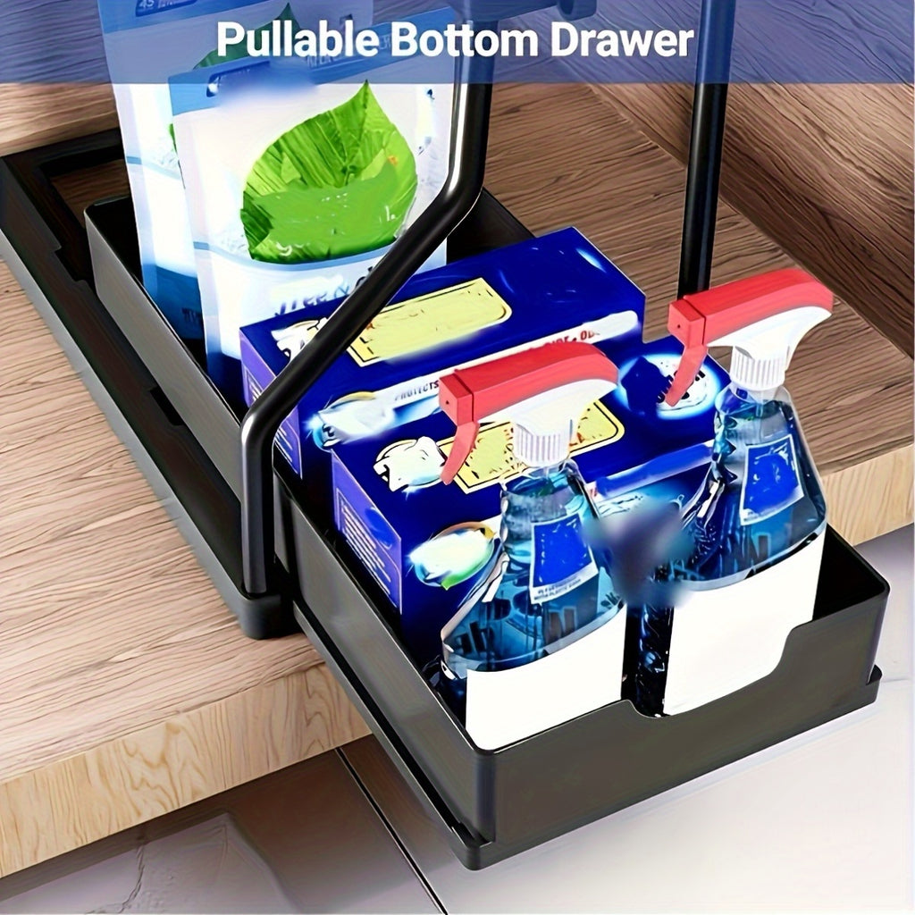 Compact 1pc Stackable Home Storage Bins – portable space-saving storage, 1pc Under Sink Organizer 2-Tier Sliding Cabinet Basket Organizer with Hooks Multifunctional Under Sink, designed for American homes, daily convenience and practical gifting