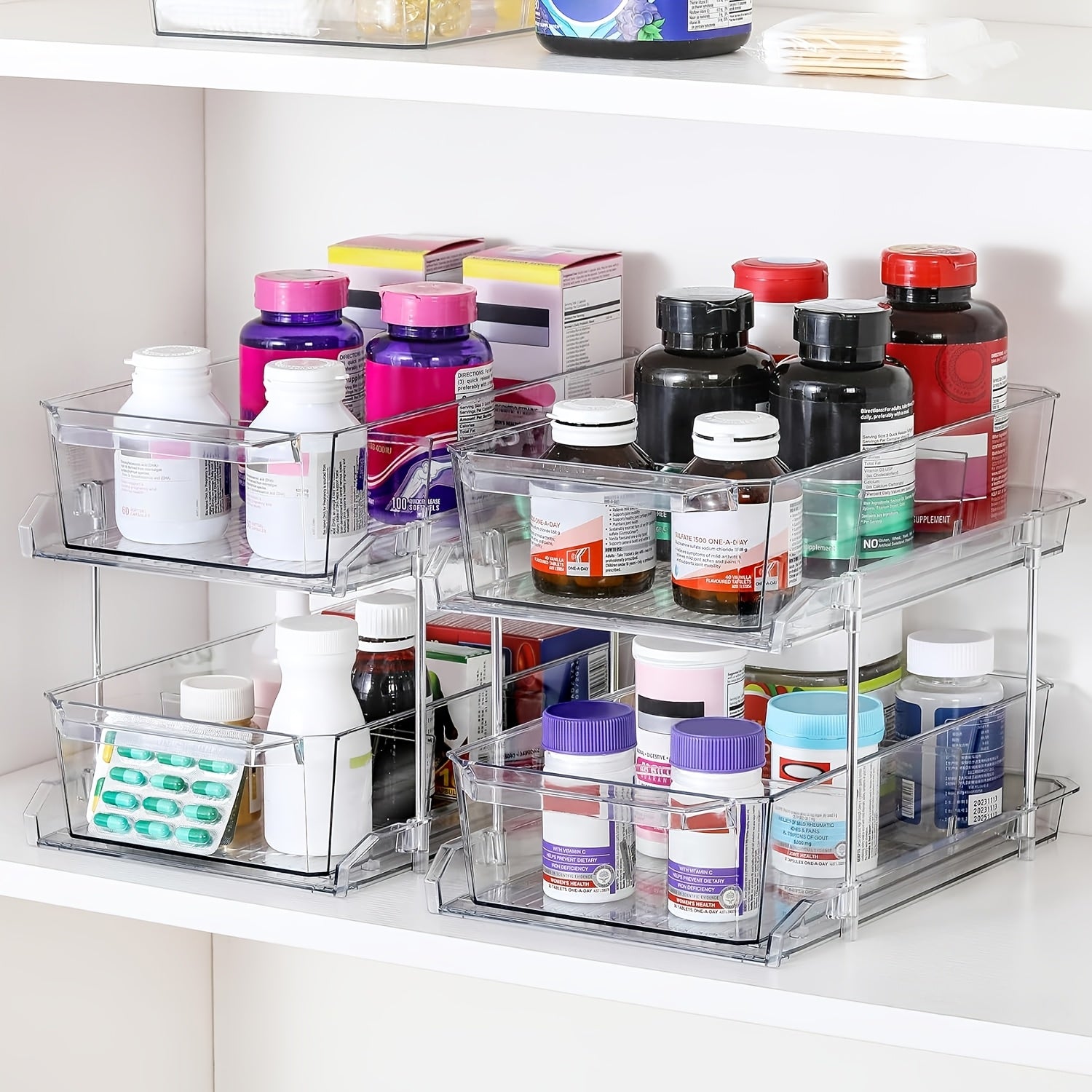 1/2pcs Large-Capacity Double-Layer Transparent Pull-Out Storage Multi-Purpose Slide-Out Storage Container Space-Saving Design Durable Plastic Shelves Bathroom Vanity Storage Sink Cabinet Storage Kitchen Organization