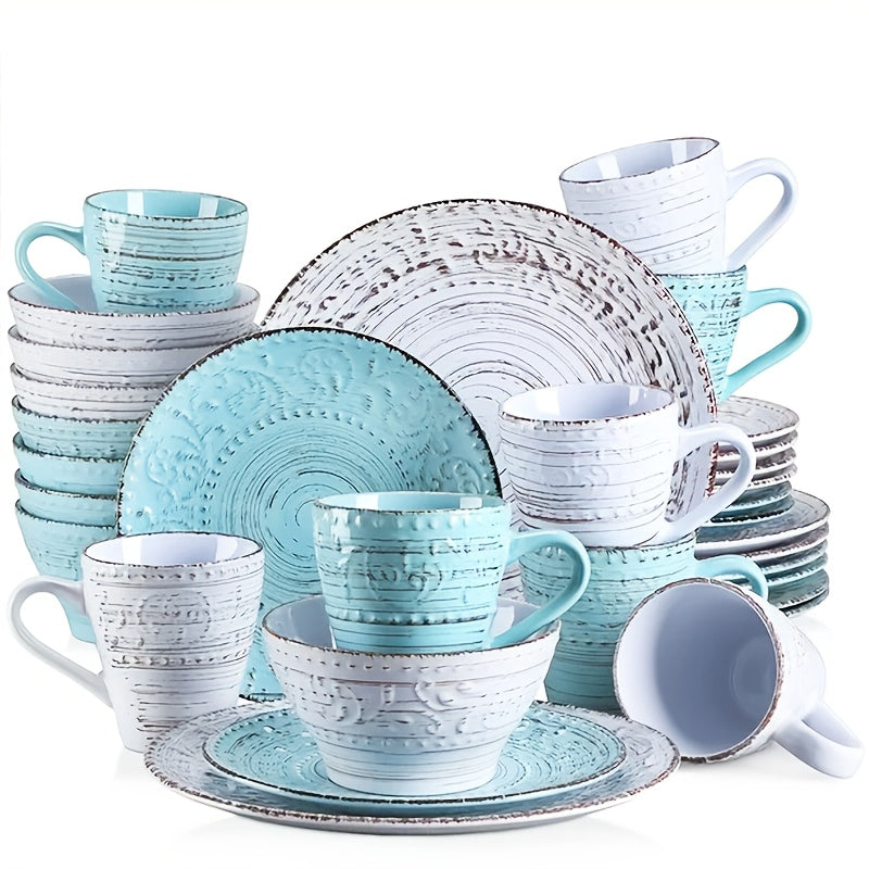 [Gifts For Weddings] Zenora 32pcs Ceramic Dinnerware Set, Embossed Modern White Porcelain Plates And Bowls For Dinner And Dessert, Microwave & Dishwasher & Oven Safe, Durable Tableware, Home Kitchen & Restaurant Use And Family Serving/ Gifts For Weddings