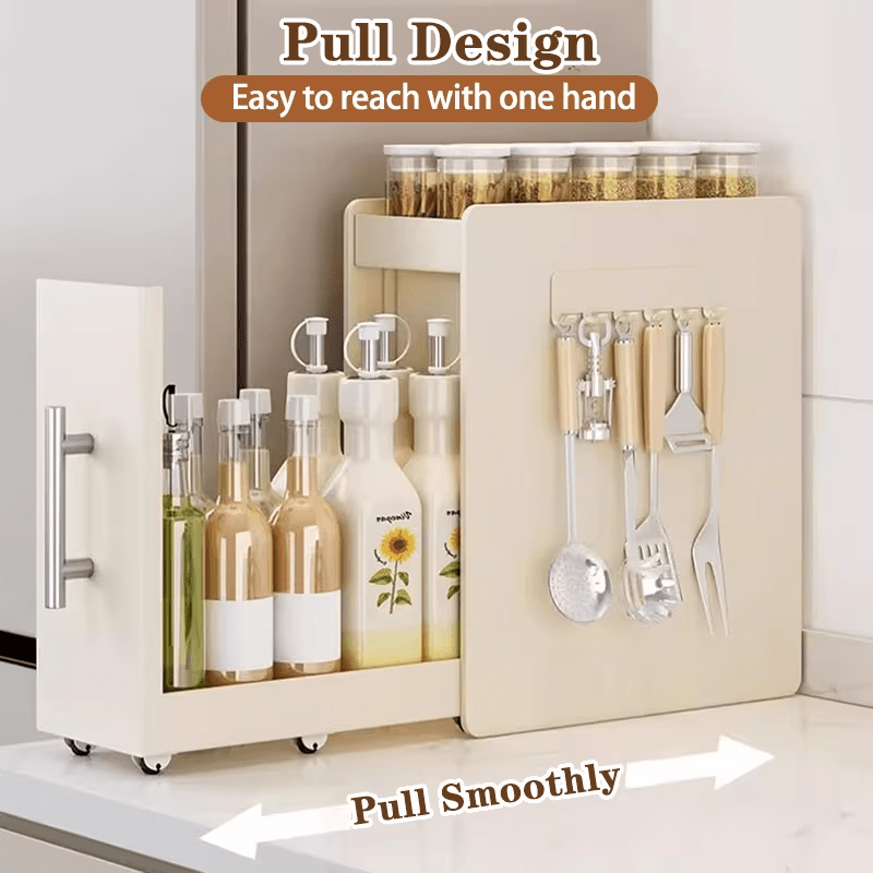 A Two-Tier Kitchen Storage Rack with Magnetic Hooks And a Cutting Board Holder, Ideal for Organizing Condiments, Tea Cups, Spices, Herbs, And Water Bottles. This Pull-Out Multipurpose Spice Box Is a Perfect Solution for Countertop Organization