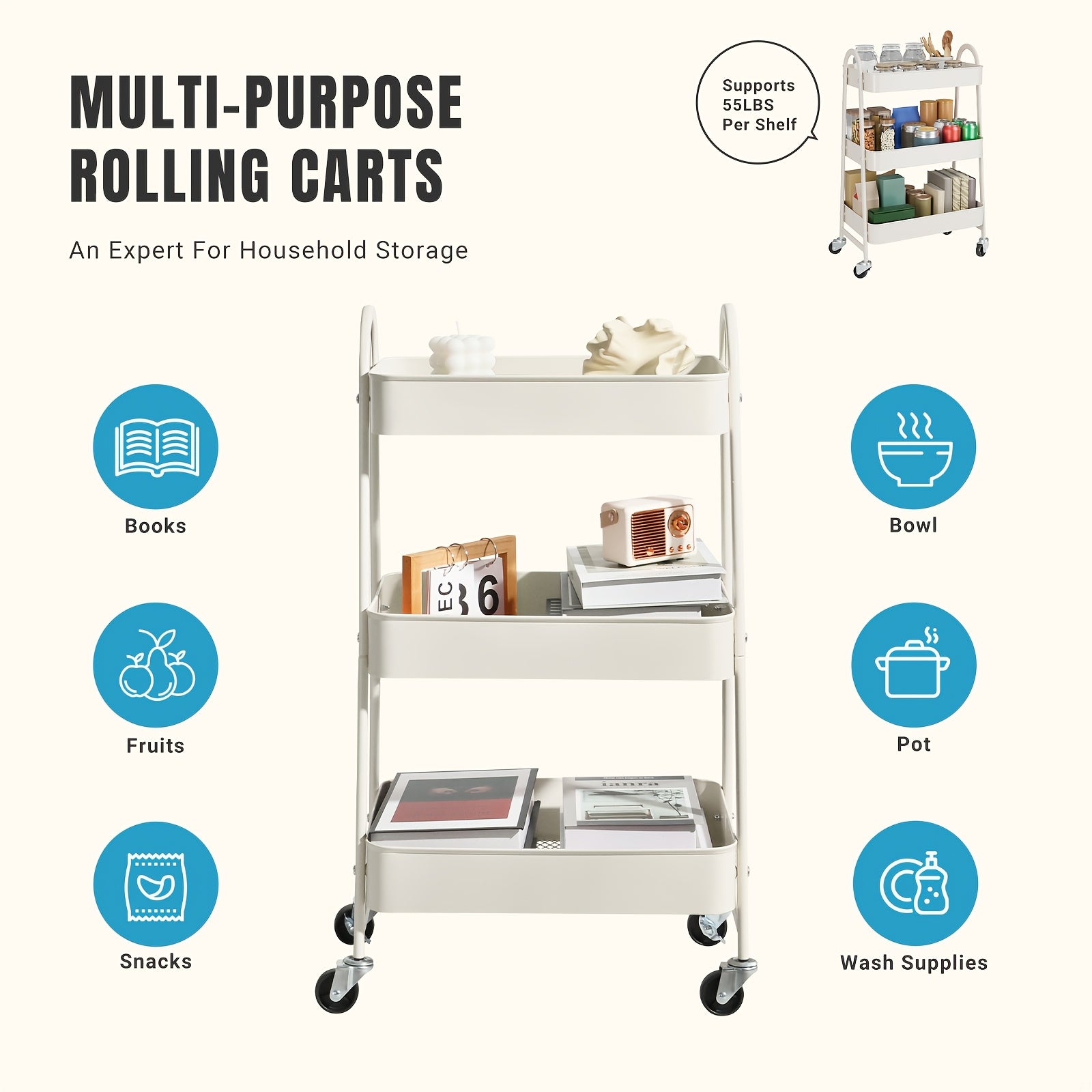 Smart 3 Tier Adjustable Home Storage Rack – durable multi-purpose storage, 3 Tier Rolling Storage Cart Metal Trolley Utility Cart With Wheels Hooks Easy Assembly, designed for American homes, daily convenience and practical gifting