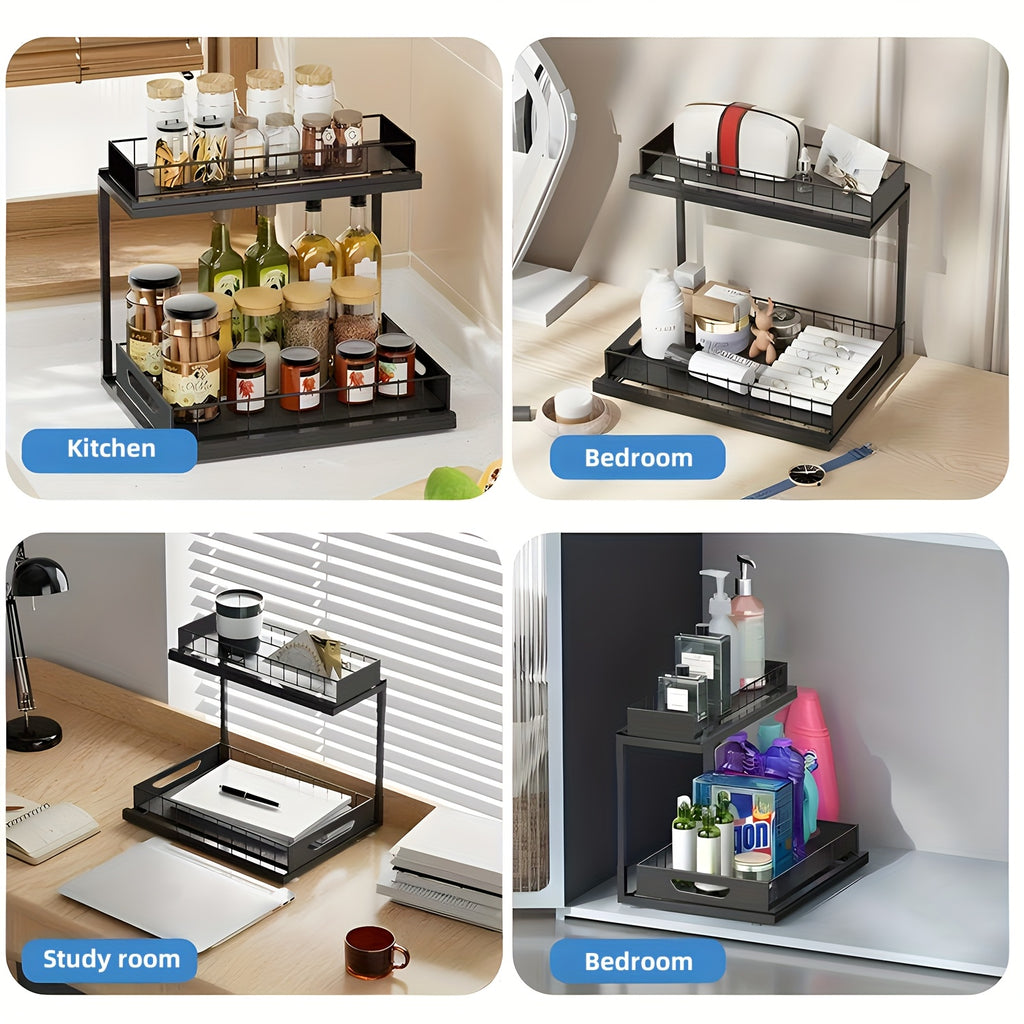 Kitchen Essential – 1/2pcs 2-story kitchen sink storage containers，push-pull cabinet organizer, kitchen and bathroom organizers and storage, study, tabletop, metal sliding drawers, practical