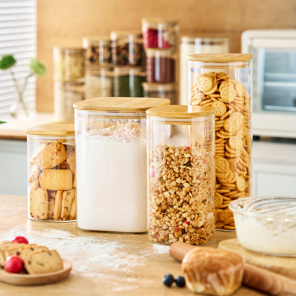 Modern 80oz Airtight Storage Jar Set – clear reusable pantry storage, Square Glass Jars With Bamboo Lids - 80oz X1 42oz X2 27oz X2 Airtight, designed for American homes, daily convenience and practical gifting