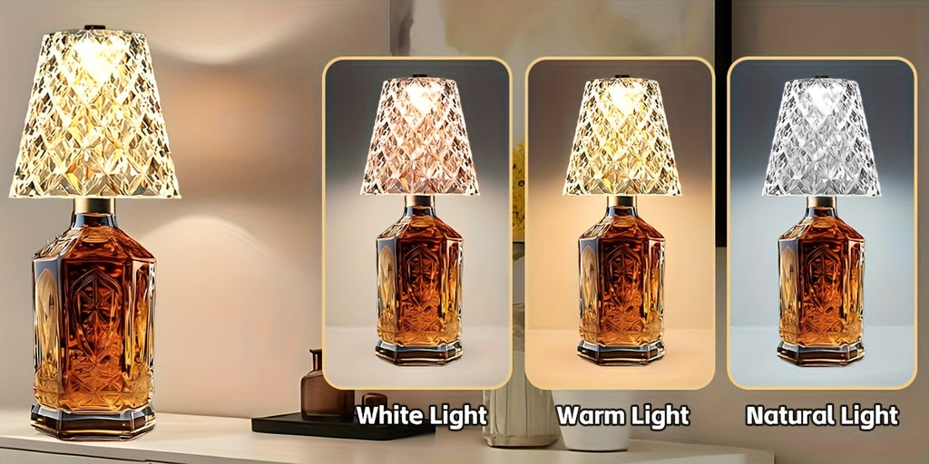 Ambient Home Decor – Crystal Clear Bottle Light, Table Lamp, Rechargeable LED Wine Lamp, Acrylic Lampshade, 2000Mah, 3 Colors, Bottle Lamp for Modern US Homes, relaxing room atmosphere, Vers
