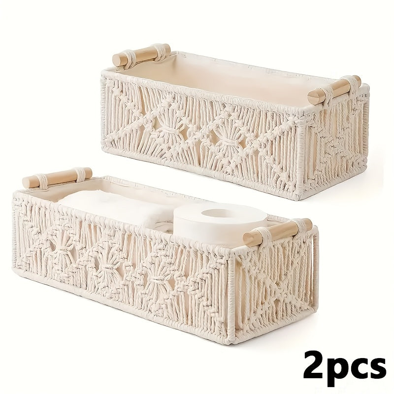 2/4pcs Bohemian Hand-woven Storage Basket In Textile Material With Grid Design Desktop Organization Box For Home And Office
