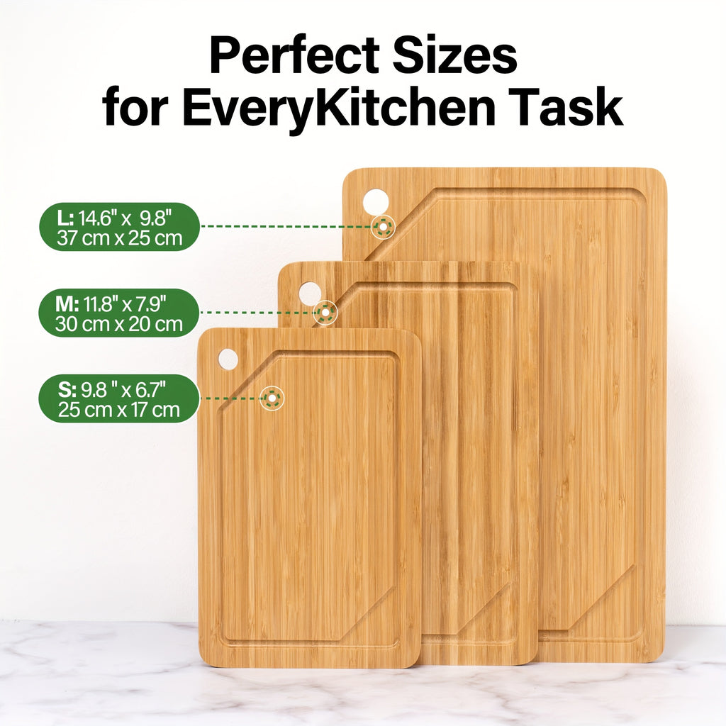 Bamboo Cutting Board for Kitchen, Bamboo Cutting Board Set Of 3 with Juice Groove, Double-Sided Chopping Board Serving Board with Hanging Hole for Meat, Vegetables And Cheese